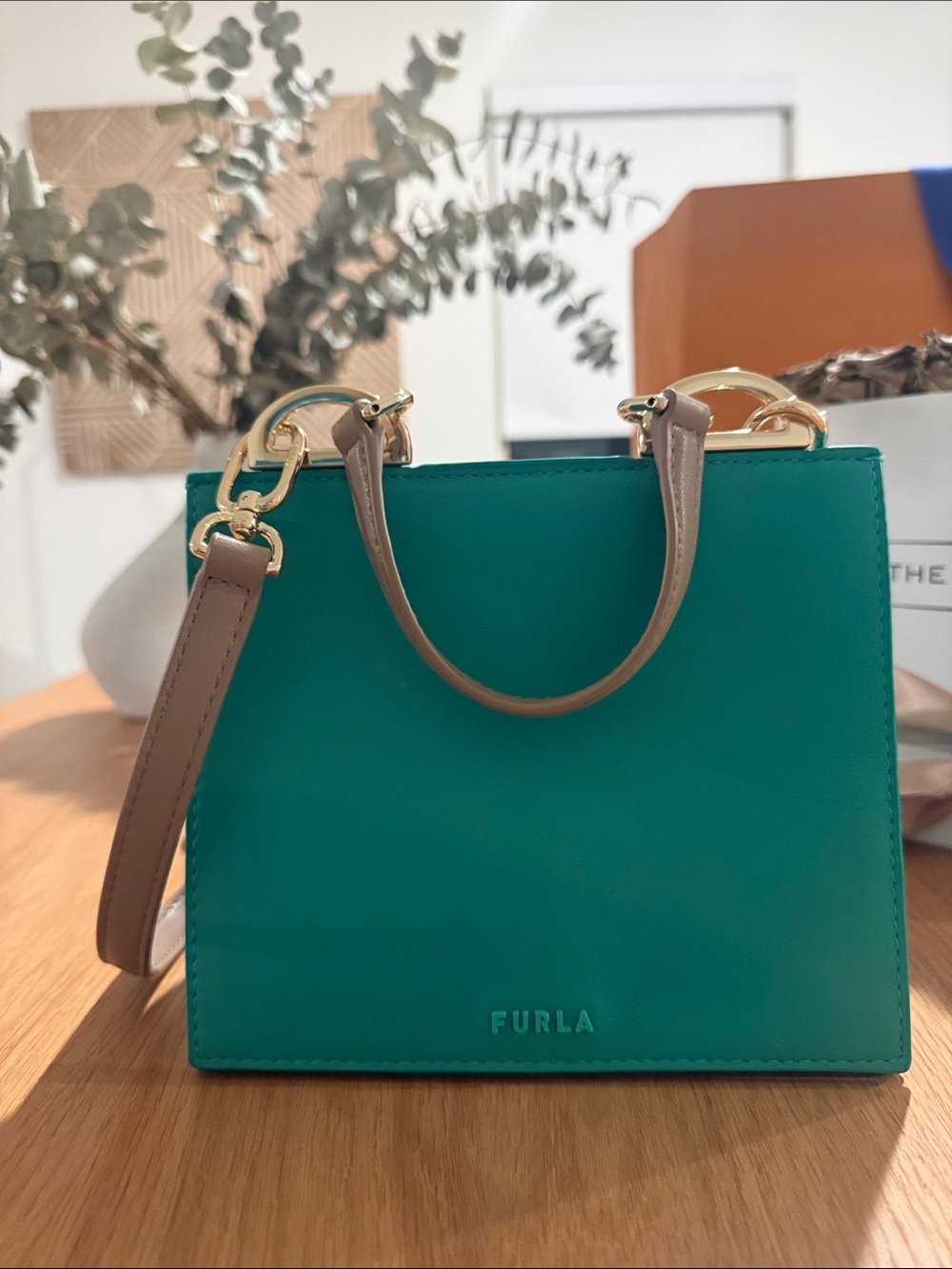 Furla Linea Futura Emerald Green Leather Satchel with Taupe Strap